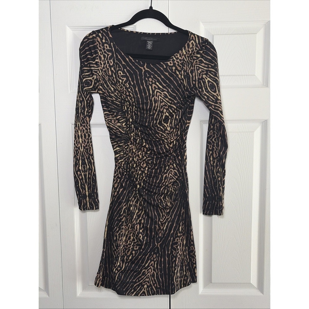 Kenneth Cole Ruched Animal Print Dress Womens Size PXS Brown Mob Wife Siren Fran
